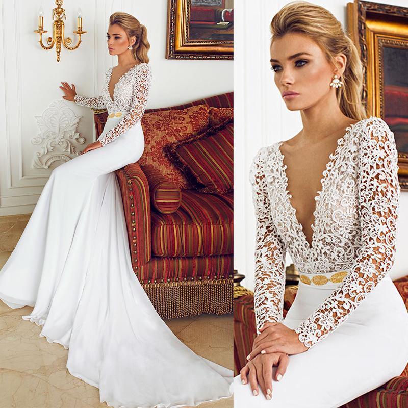 Deep V Neck With Long Sleeve Lace Mermaid Vintage Wedding Dress My 