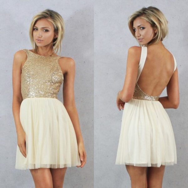Charmming Short Chiffon with Top Champagne Gold Sequins Bridesmaid Dress