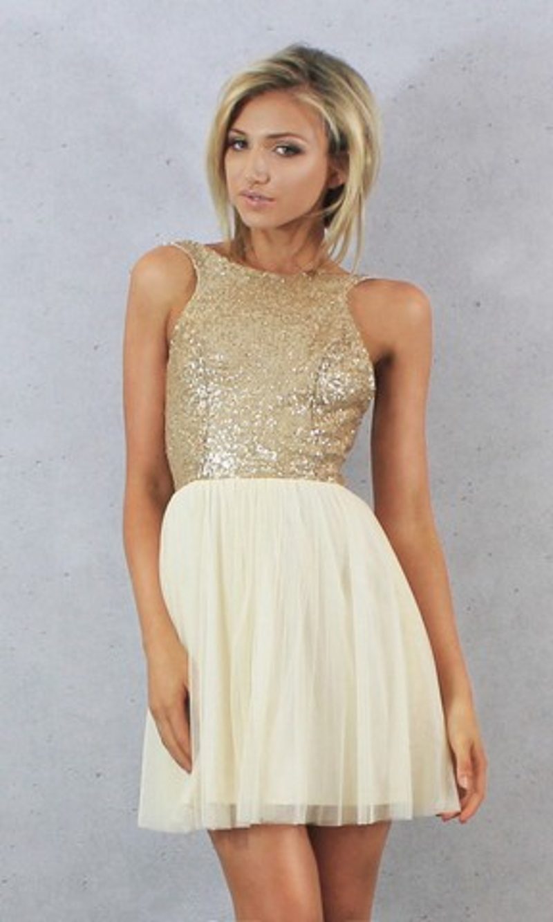 Charmming Short Chiffon with Top Champagne Gold Sequins Bridesmaid Dress