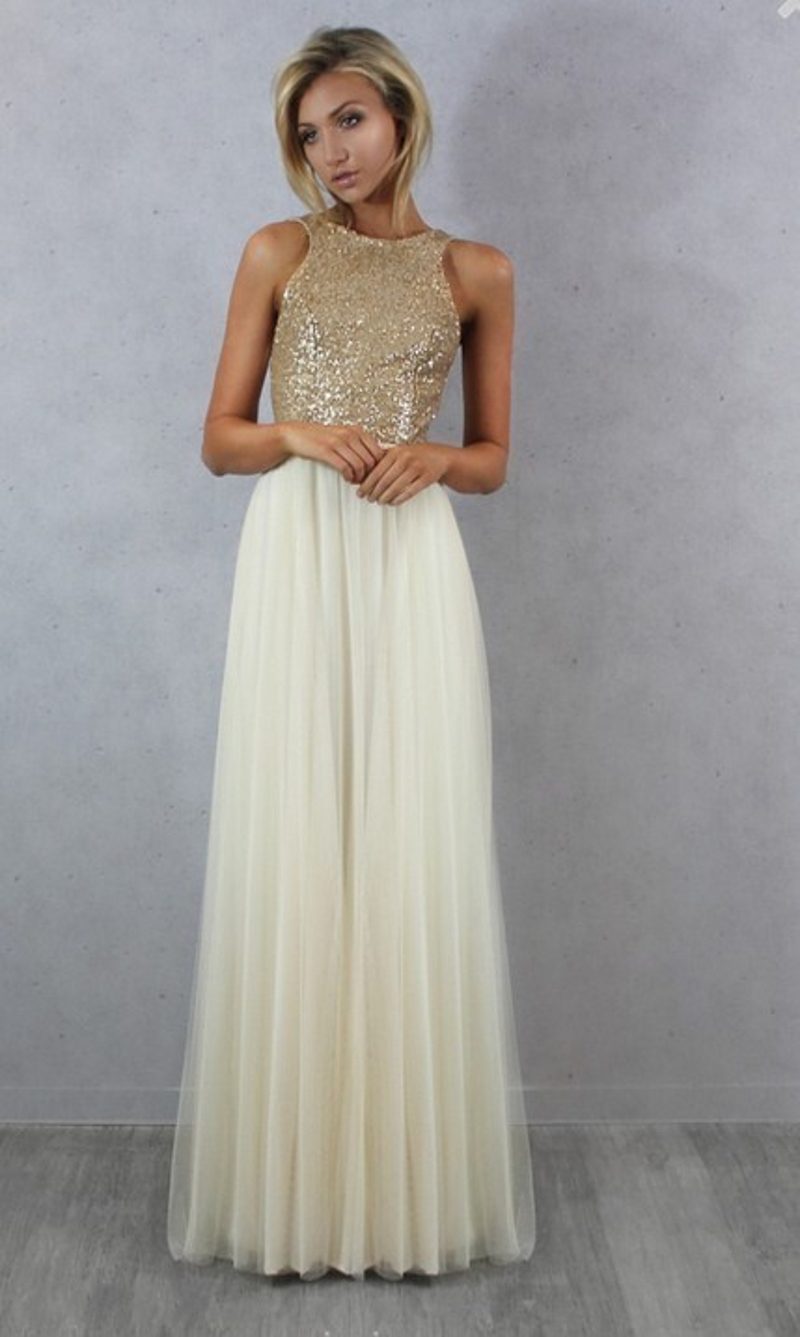 Charmming Chiffon Tulle with Top Champagne Gold Sequin Bridesmaid Dress