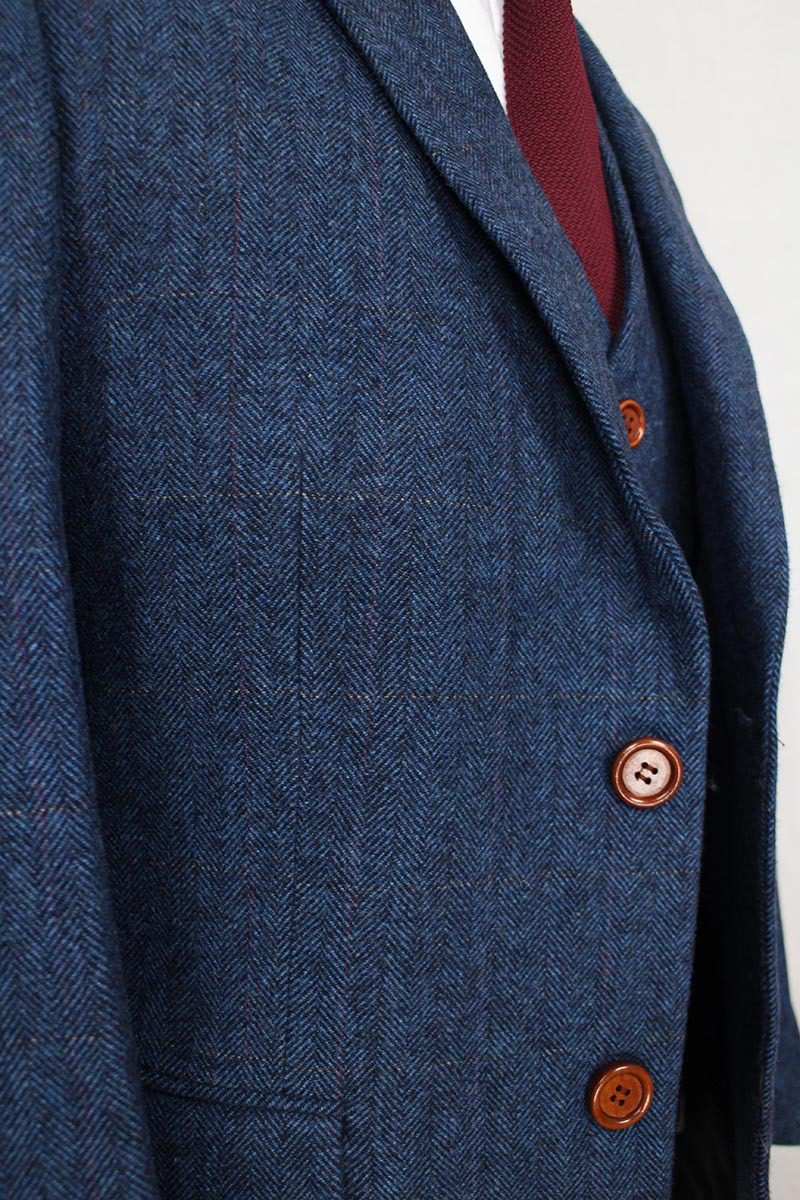 Wool Blue Herringbone Retro Gentleman Style Custom Made Men’s Suits