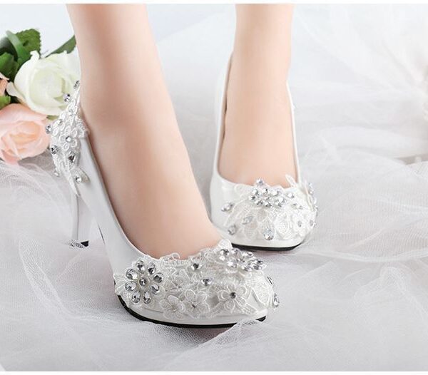 Low / high heels white rhinestones lace wedding pumps shoes