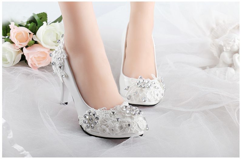 Low / high heels white rhinestones lace wedding pumps shoes