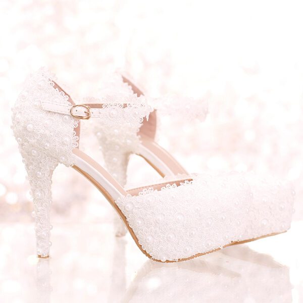 White Lace Flower High Heel Round Wedding Pumps With Ankle Straps