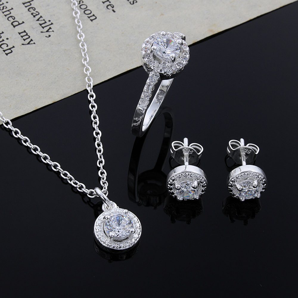 Silver Pendant Necklace & Ring & Earrings With Zircon Wedding Engagement Jewelry Sets