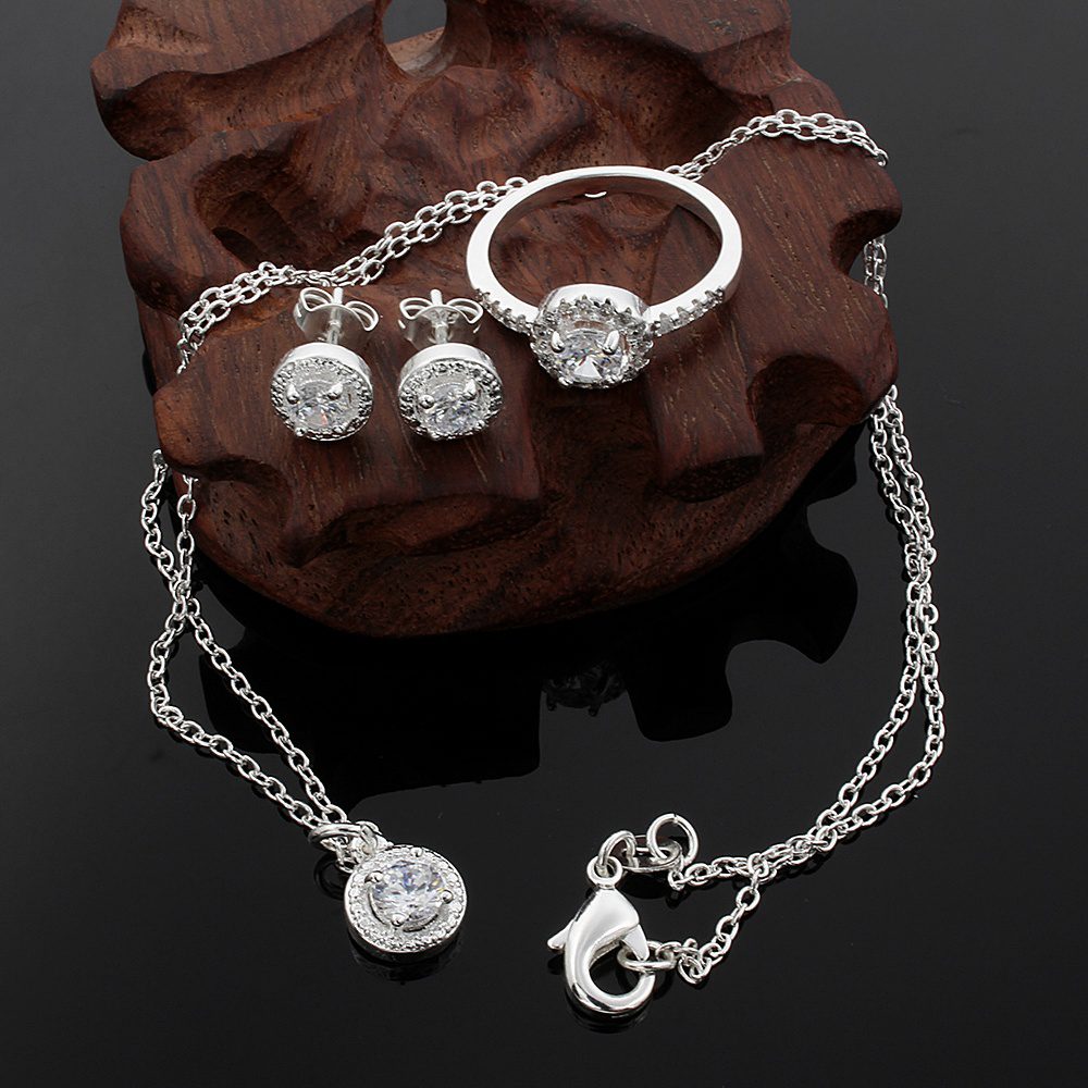 Silver Pendant Necklace & Ring & Earrings With Zircon Wedding Engagement Jewelry Sets
