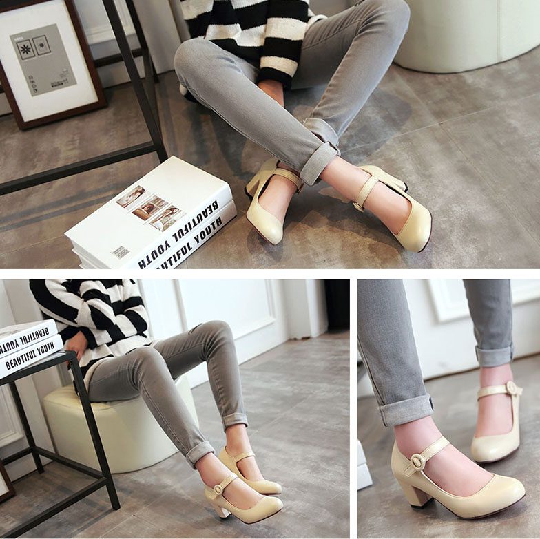 White Black Pink Beige Thick Heel Pumps Lady Wedding Shoes