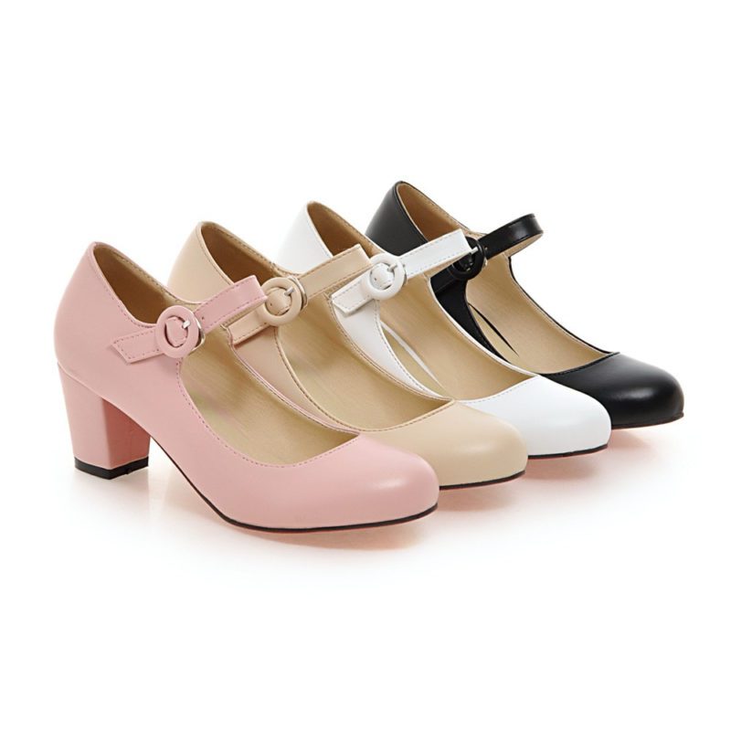 White Black Pink Beige Thick Heel Pumps Lady Wedding Shoes