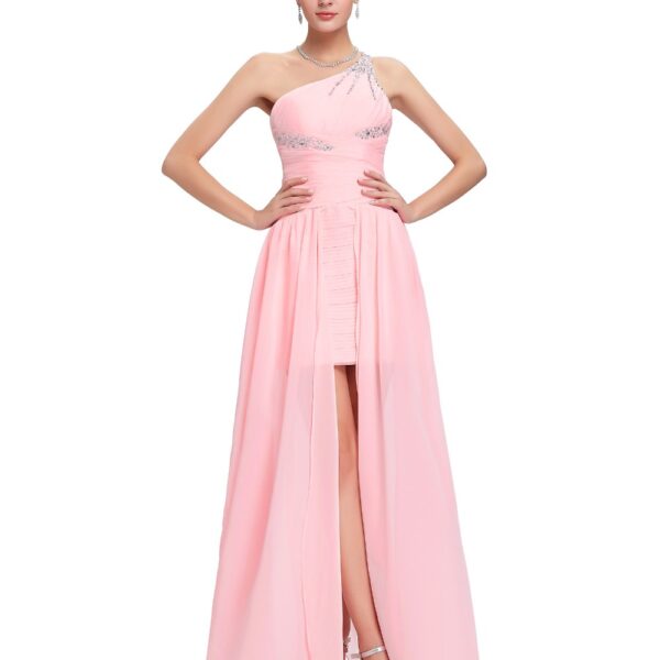 Light Pink Beaded Chiffon One Shoulder Short Front Long Back Bridesmaid Dress