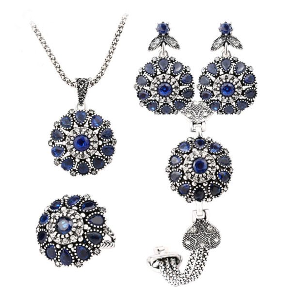 4Pcs Silver Plated Round Retro Rose Blue Crystal Jewelry Sets