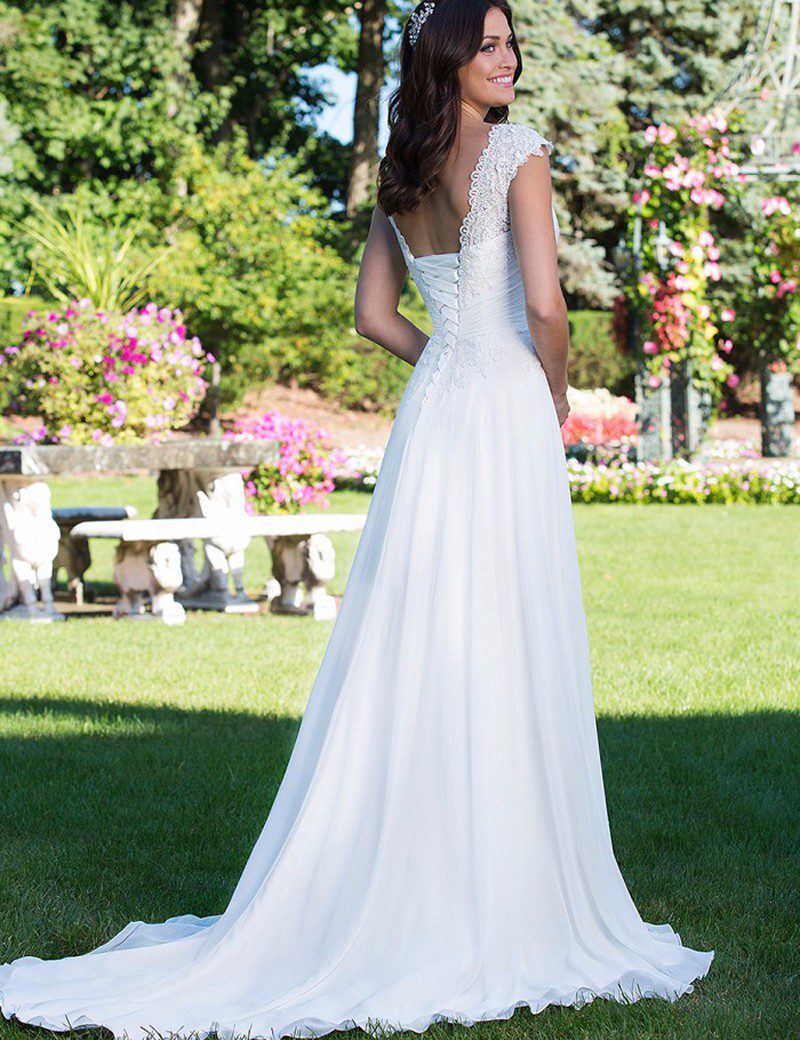 White/Ivory Chiffon Applique Lace Wedding Dress