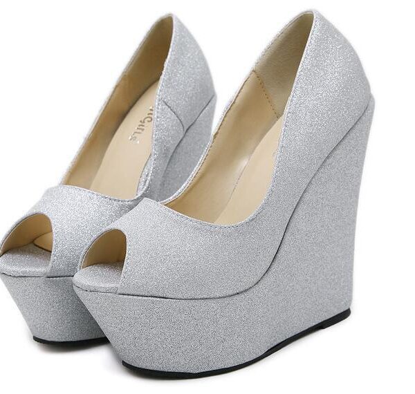 High heels gold silver platform wedges pumps
