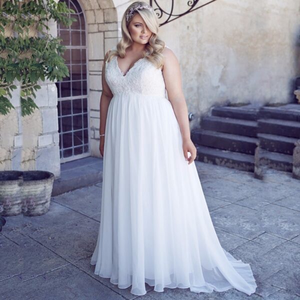 V-neck Appliques Chiffon Floor-Length Wedding Dress