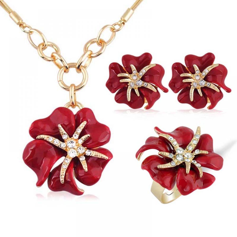 Gold Plated Rhinestone Rose Flower Jewelry Set - My Wedding Ideas