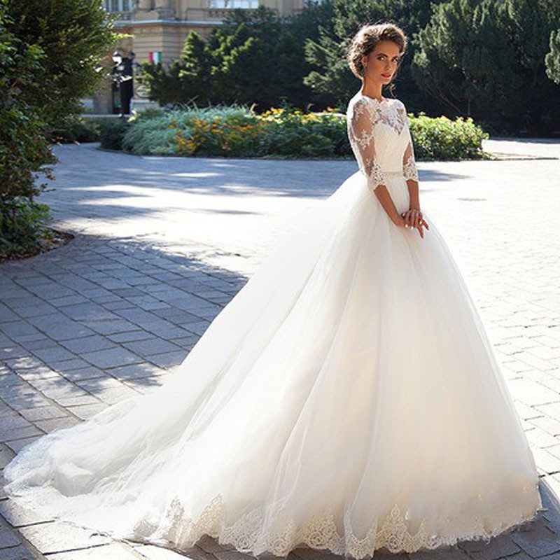 Three Quarter Sleeves Princess Wedding Dress With Crystal Belt