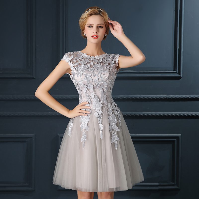 Silver Gray Lace Up Short Evening Bridesmaid Dress