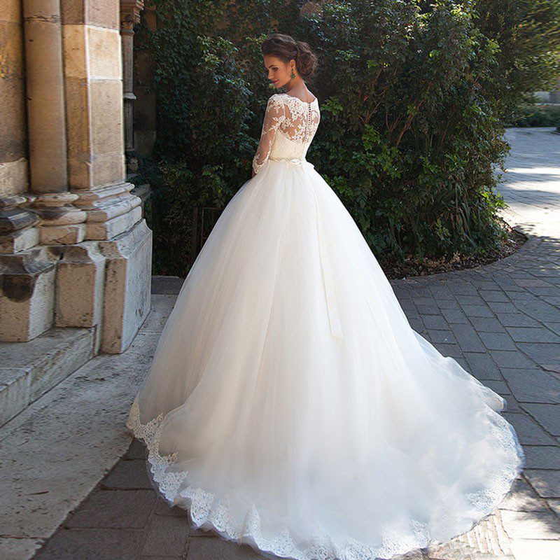 Three Quarter Sleeves Princess Wedding Dress With Crystal Belt