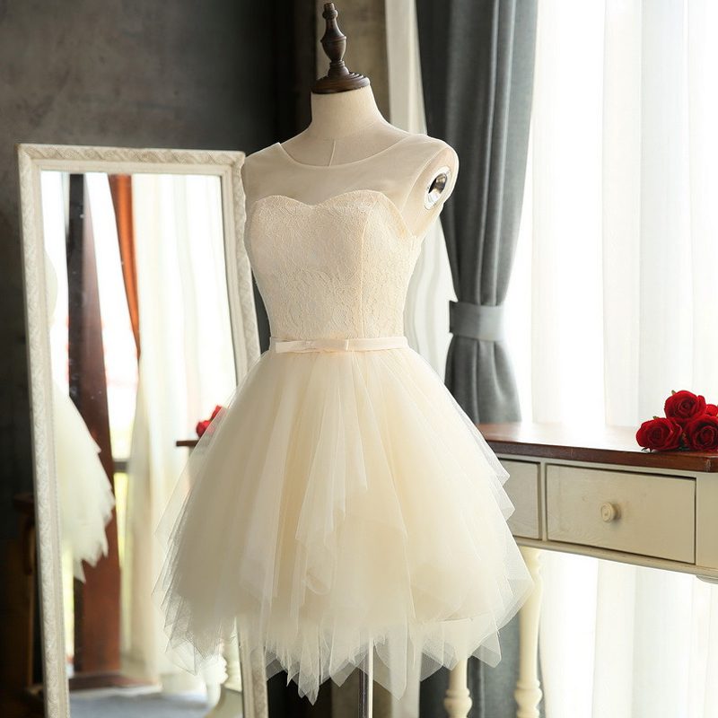White Red Champagne Short Bridesmaid Dress