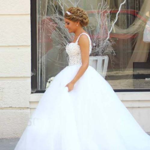 Pearl Crystal Sweetheart Backless Ball Gown Wedding Dress