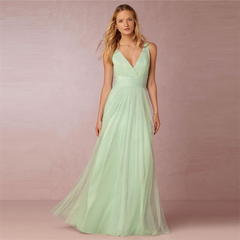 Tulle V Neck A Line Backless Sleeveless Mint Green Bridesmaid Dress