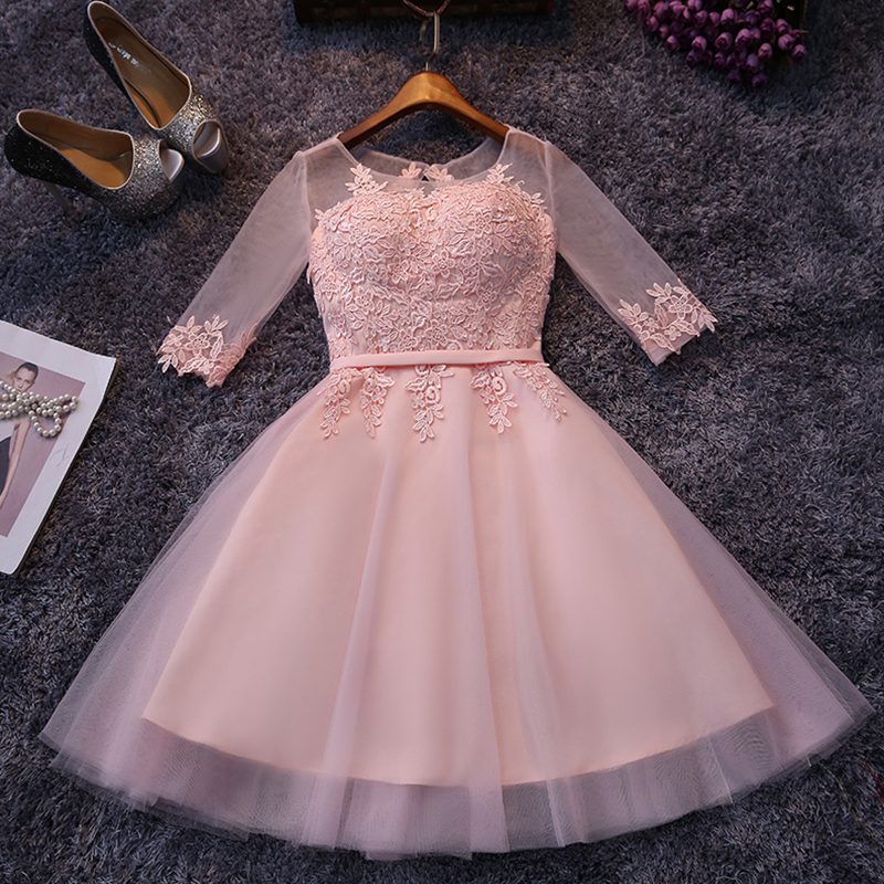 Lace Up Pink Half Sleeve Off Shoulder Short Bridesmaid Dress - My ...