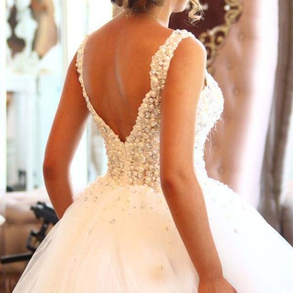 Pearl Crystal Sweetheart Backless Ball Gown Wedding Dress