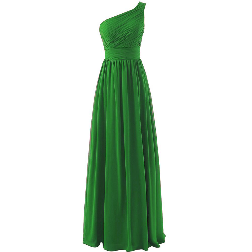 Green One Shoulder Chiffon Ruffled Long Bridesmaid Dress