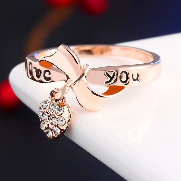 Retro Love Heart Bow Rose Gold Color Wedding Austrian Crystal Ring For Women