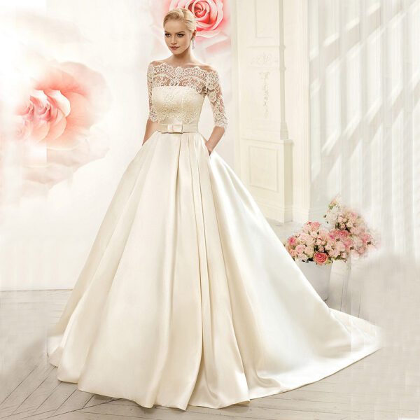 Satin With Jacket See Though 3/4 Sleeves Sweep Train Lace Wedding Dresse
