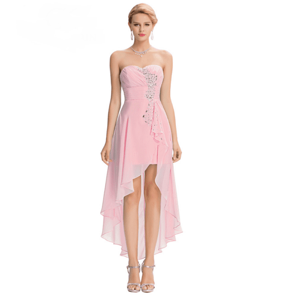 Short Front Long Back Strapless Bead Sequin Pink Bridesmaid Dress