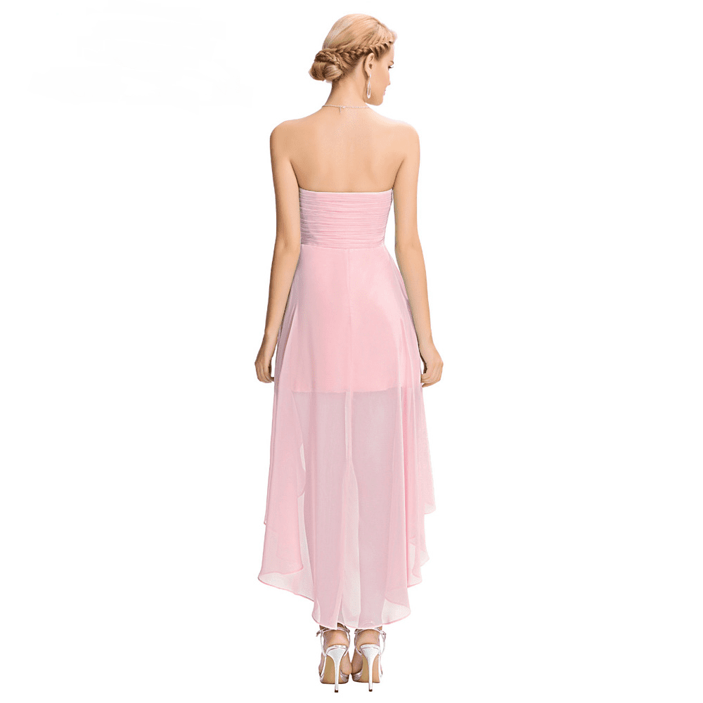 Short Front Long Back Strapless Bead Sequin Pink Bridesmaid Dress