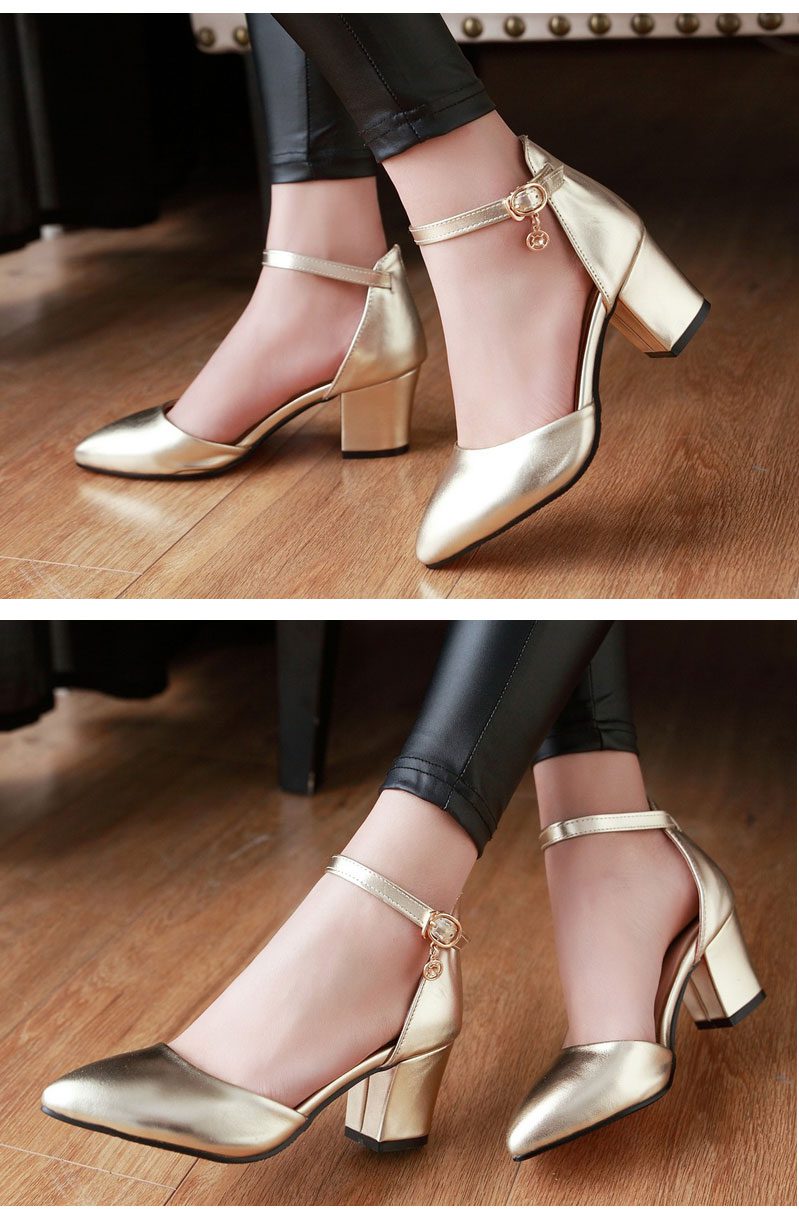 Thick Heels Ankle Strap Silver Wedding Shoes