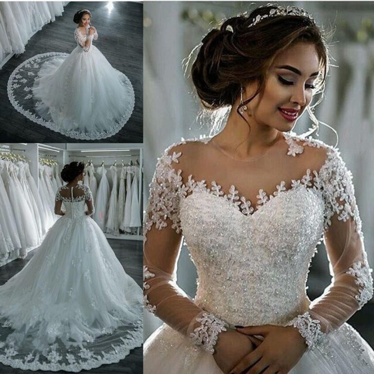 Long Sleeve Boat Neck Button Appliques Ribbon Lace Wedding Dress - My ...