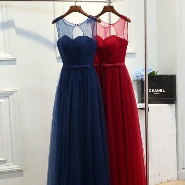 Dark Blue Red Sleeveless O-Neck Long Bridesmaid Dress