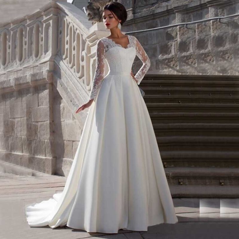 Long Sleeve V Neck Sheer Top Satin Lace Wedding Dress - My Wedding Ideas