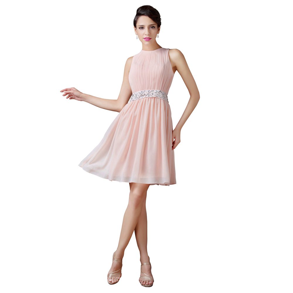 Sleeveless Knee Length Light Pink Short Bridesmaid Dress