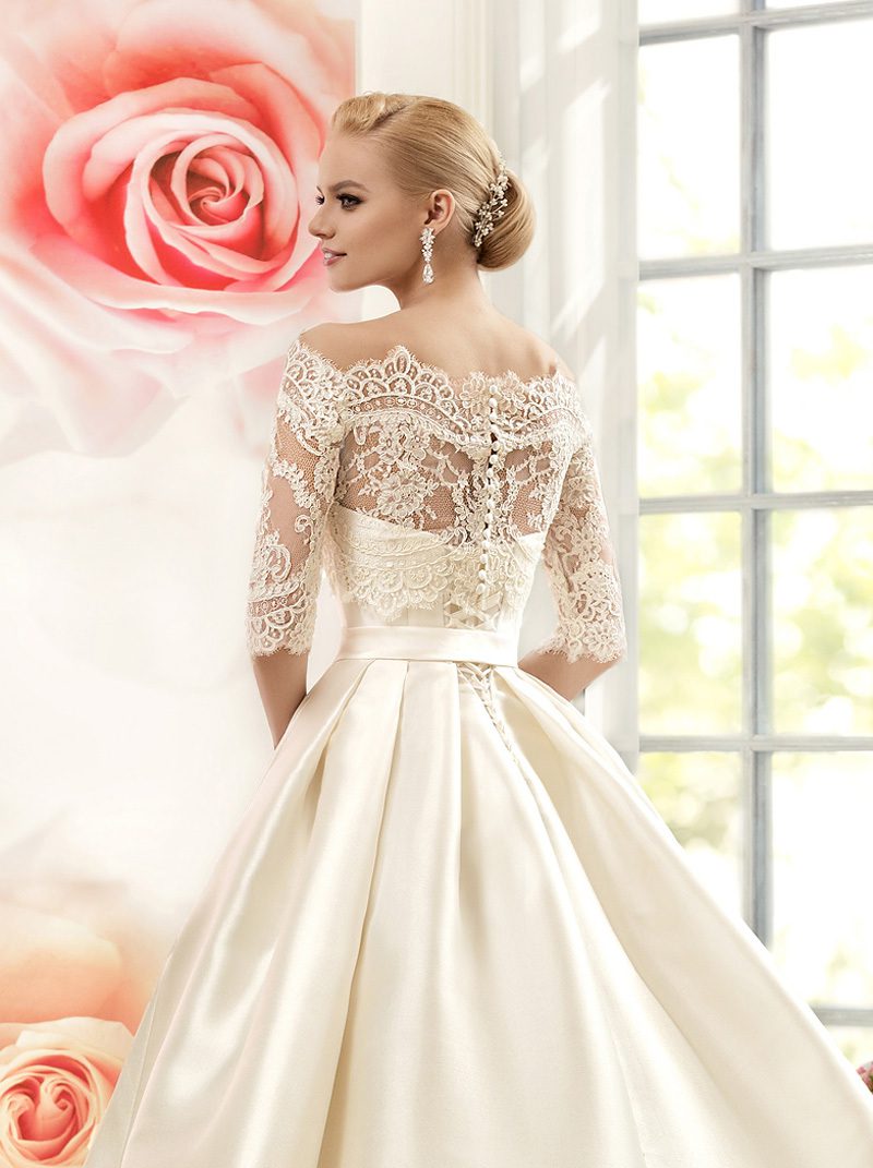 Satin With Jacket See Though 3/4 Sleeves Sweep Train Lace Wedding Dresse