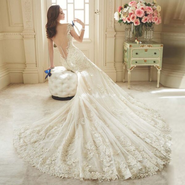 Lace Long Train Romantic Sweetheart With Beading Appliqued Tulle Wedding Dress