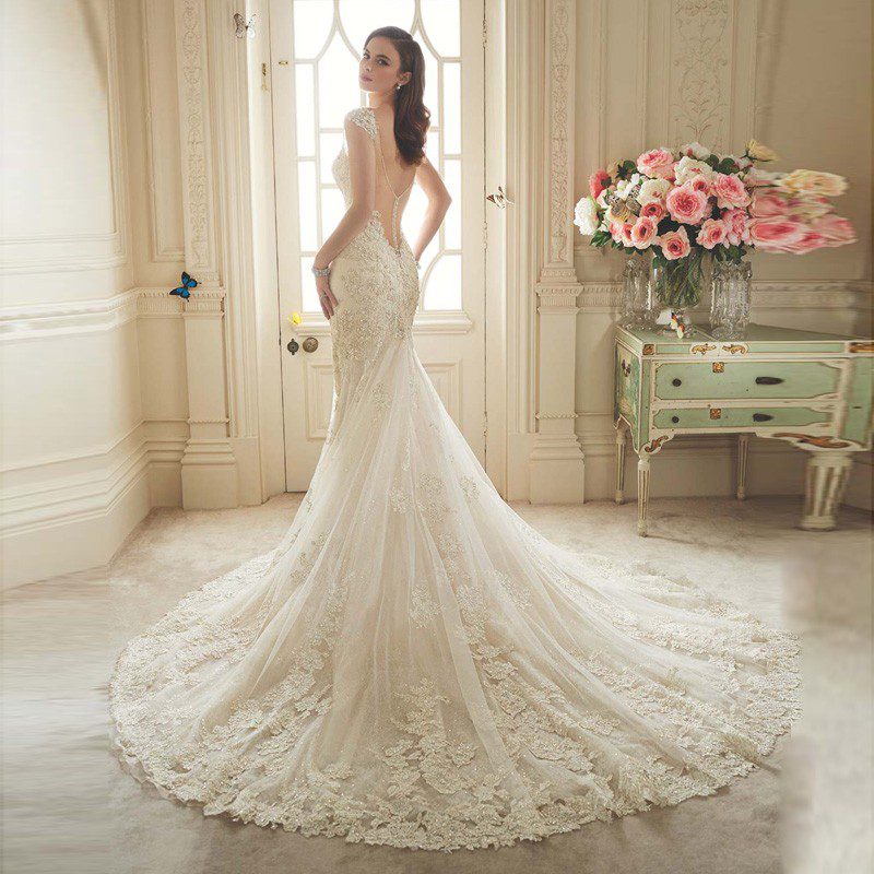 Lace Long Train Romantic Sweetheart With Beading Appliqued Tulle Wedding Dress