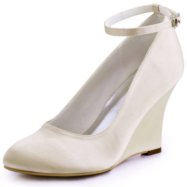 White Ivory Champagne High Heel Ankle Strap Round Toe Satin Wedges Pumps
