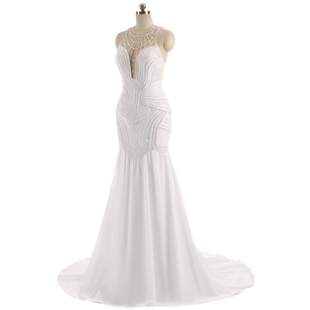 Sheer Neck Pearls Sleeveless Mermaid Wedding Dress