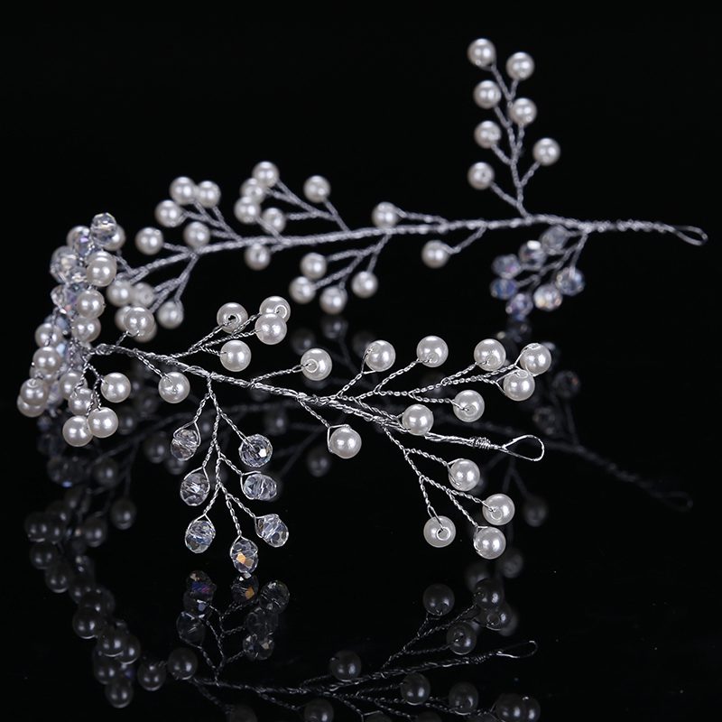 Silver Crystal Pearl Wedding Headband Tiara 32cm