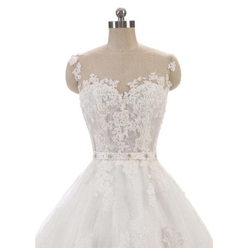 Sleeveless O Neck Lace Body Pearls Sashes Wedding Dress - My Wedding Ideas