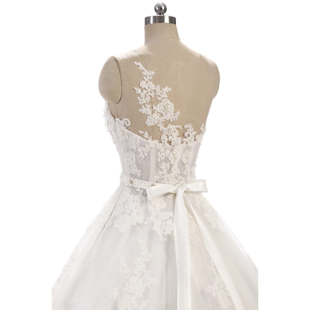 Sleeveless O Neck Lace Body Pearls Sashes Wedding Dress