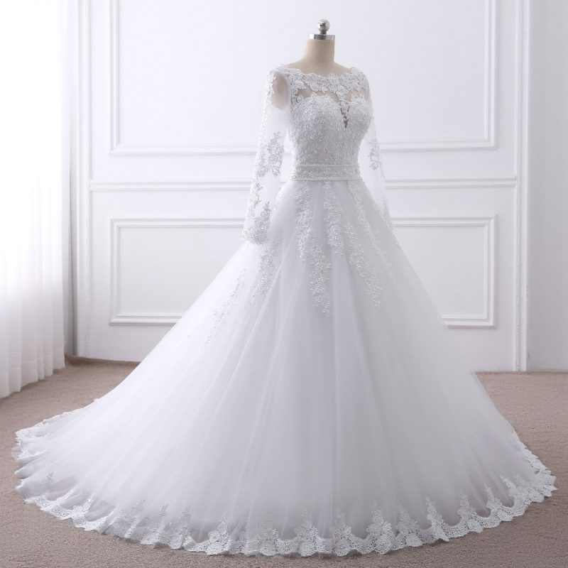 Long Sleeves Beading Pearls Appliques Princess Wedding Dress - My ...