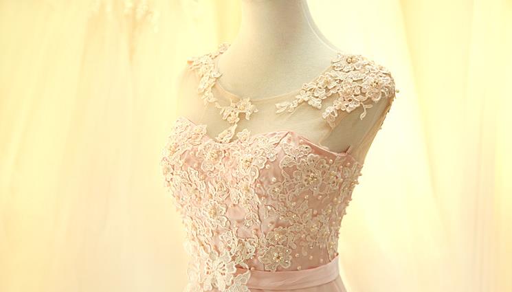 A Line Beadings Sleeveless Elegant Lace Sash Sweep Train Long Bridesmaid Dress
