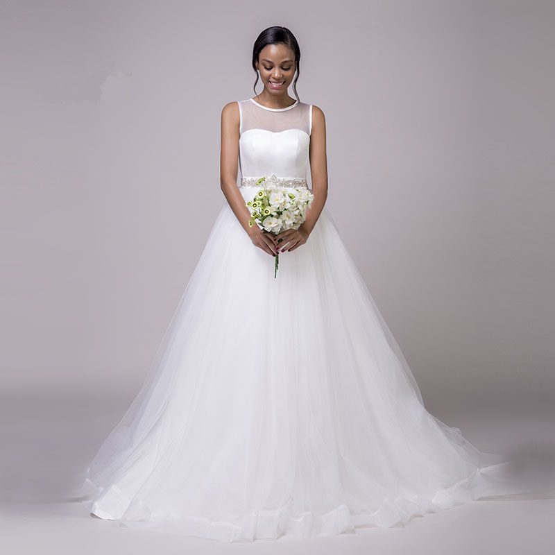 O-Neck Beaded Sashes Princess Tulle White Wedding Dress