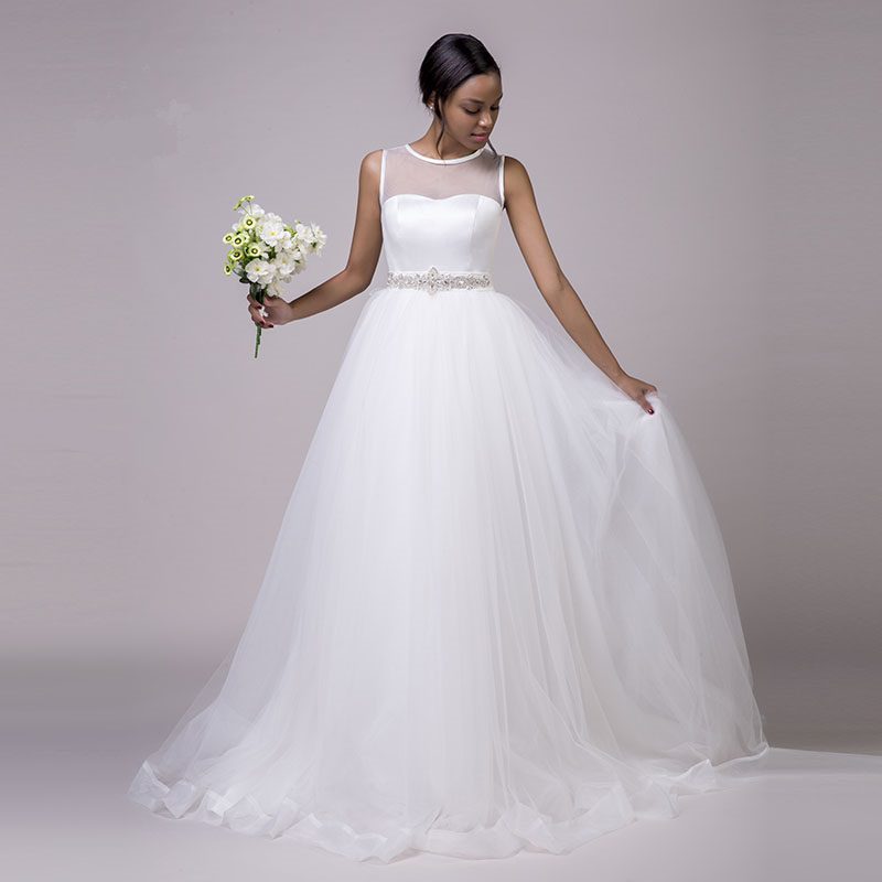 O-Neck Beaded Sashes Princess Tulle White Wedding Dress