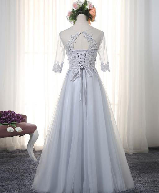 A Line Embroidery O Neck Half Sleeve Sash Lace Long Bridesmaid Dress