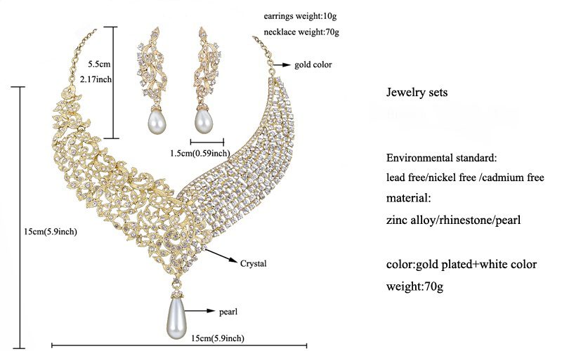 Gold Metal Plated Necklace Earrings Wedding Jewelry Set